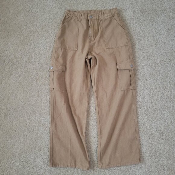 Shein Tan Cargo/ Workwear/ Utility Wide Leg Pants  Size Petite S Y2K Streetwear - Picture 1 of 10
